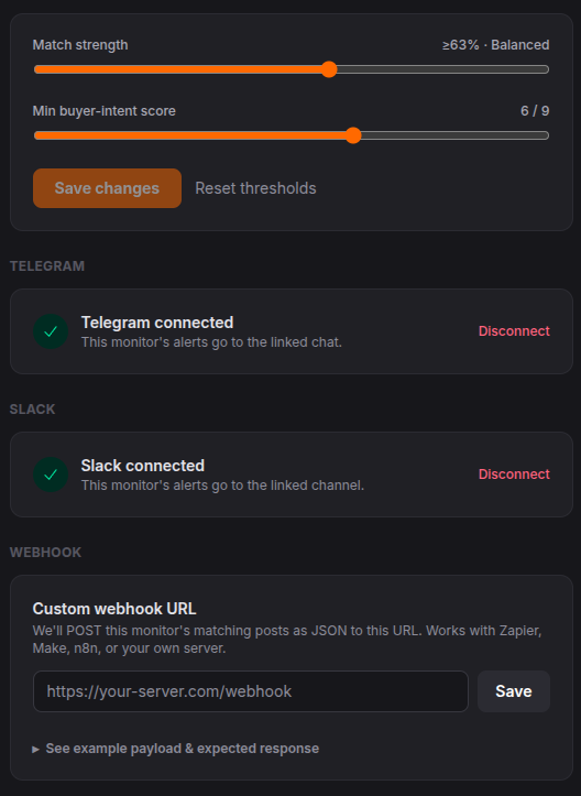 Alert settings with match-strength and minimum buyer-intent sliders, Telegram and Slack shown as connected, and a custom webhook URL field