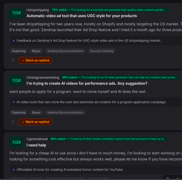 IntentAlert lead feed showing Reddit posts scored 7/10 with 66–70% product match, an AI summary of what each poster needs, and Buyer / Seeking Recommendation tags